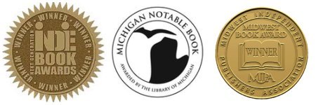 Maureen Dunphy Award-winning author badges - Midwest Book Award, Indie Book Award and Michigan Notable Books.